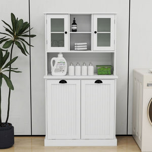 English Elm Two-Compartment Tilt-Out Laundry Cabinet Tall White MDF Storage with Adjustable Shelves W282S00039