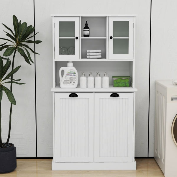 English Elm Two-Compartment Tilt-Out Laundry Cabinet Tall White MDF Storage with Adjustable Shelves W282S00039