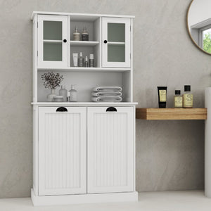 English Elm Two-Compartment Tilt-Out Laundry Cabinet Tall White MDF Storage with Adjustable Shelves W282S00039