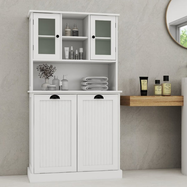 English Elm Two-Compartment Tilt-Out Laundry Cabinet Tall White MDF Storage with Adjustable Shelves W282S00039