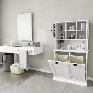 English Elm Two-Compartment Tilt-Out Laundry Cabinet Tall White MDF Storage with Adjustable Shelves W282S00039