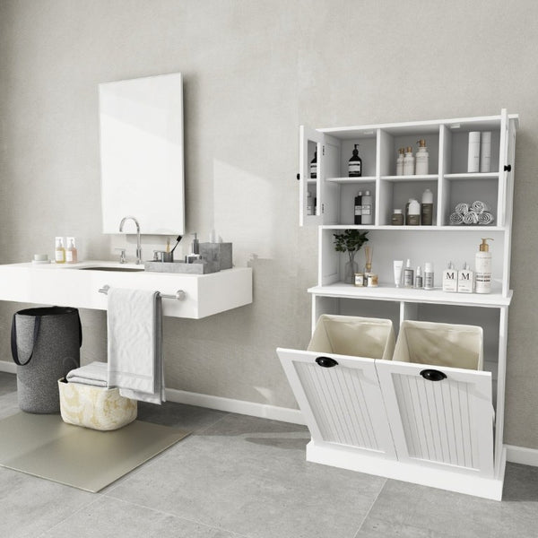 English Elm Two-Compartment Tilt-Out Laundry Cabinet Tall White MDF Storage with Adjustable Shelves W282S00039