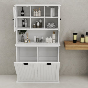 English Elm Two-Compartment Tilt-Out Laundry Cabinet Tall White MDF Storage with Adjustable Shelves W282S00039