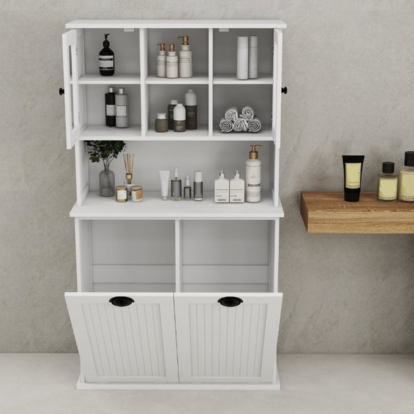 English Elm Two-Compartment Tilt-Out Laundry Cabinet Tall White MDF Storage with Adjustable Shelves W282S00039