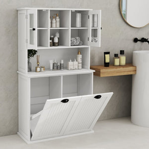 English Elm Two-Compartment Tilt-Out Laundry Cabinet Tall White MDF Storage with Adjustable Shelves W282S00039