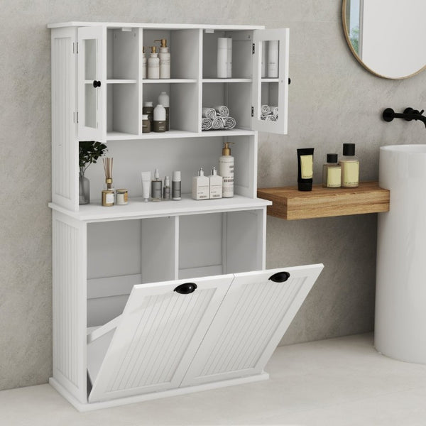 English Elm Two-Compartment Tilt-Out Laundry Cabinet Tall White MDF Storage with Adjustable Shelves W282S00039