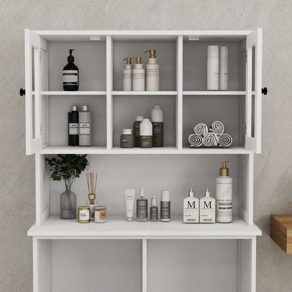 English Elm Two-Compartment Tilt-Out Laundry Cabinet Tall White MDF Storage with Adjustable Shelves W282S00039