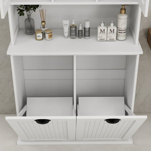 English Elm Two-Compartment Tilt-Out Laundry Cabinet Tall White MDF Storage with Adjustable Shelves W282S00039