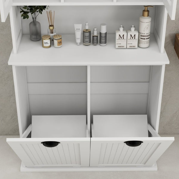 English Elm Two-Compartment Tilt-Out Laundry Cabinet Tall White MDF Storage with Adjustable Shelves W282S00039