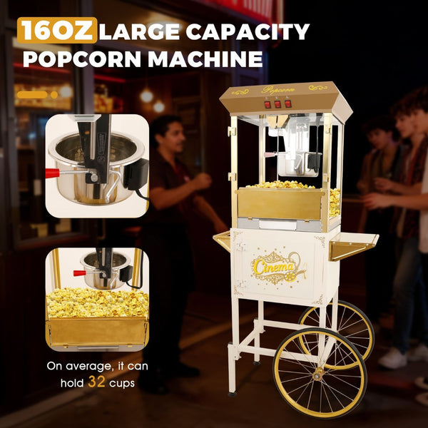 English Elm 16oz Commercial Popcorn Machine Rolling Cart Tempered Glass Warming Deck Steel Frame W2841P485752