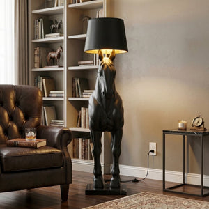 English Elm Horse Sculpture Floor Lamp Fiberglass Stallion Art Marble Base Warm Led Living Room W2869P445604