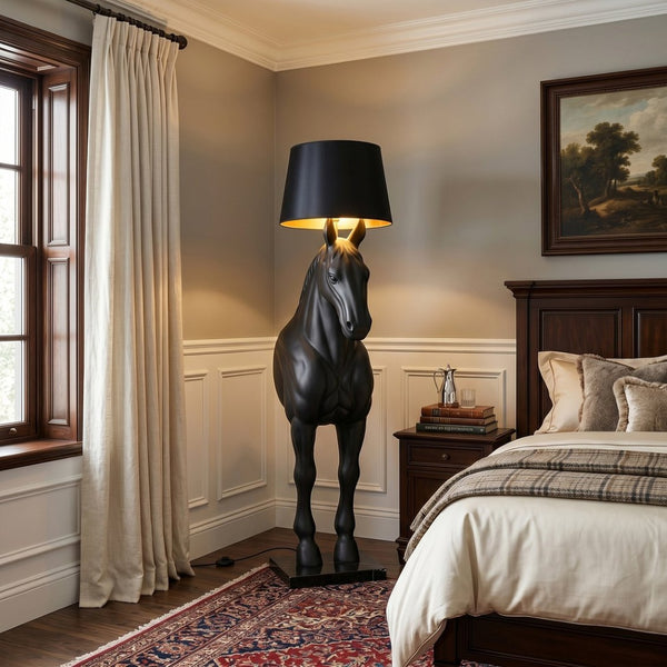 English Elm Horse Sculpture Floor Lamp Fiberglass Stallion Art Marble Base Warm Led Living Room W2869P445604