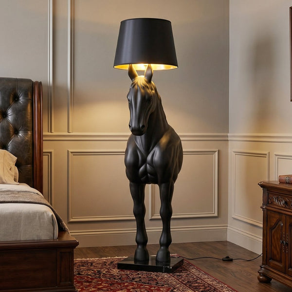 English Elm Horse Sculpture Floor Lamp Fiberglass Stallion Art Marble Base Warm Led Living Room W2869P445604