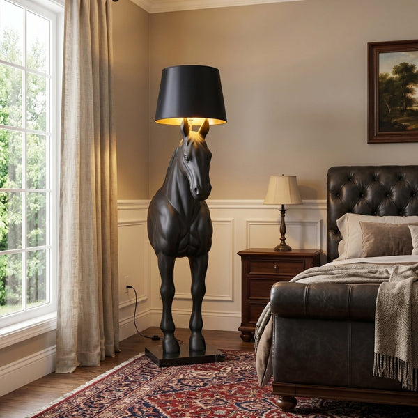 English Elm Horse Sculpture Floor Lamp Fiberglass Stallion Art Marble Base Warm Led Living Room W2869P445604
