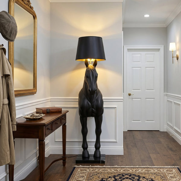 English Elm Horse Sculpture Floor Lamp Fiberglass Stallion Art Marble Base Warm Led Living Room W2869P445604