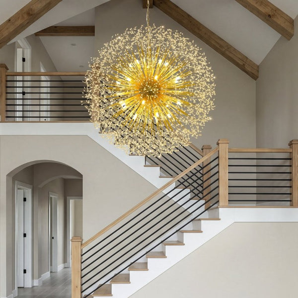 English Elm 63-Inch Sputnik Crystal Chandelier Mirror Gold Foyer Statement Fixture with 30 G9 Bulbs W2869P526922