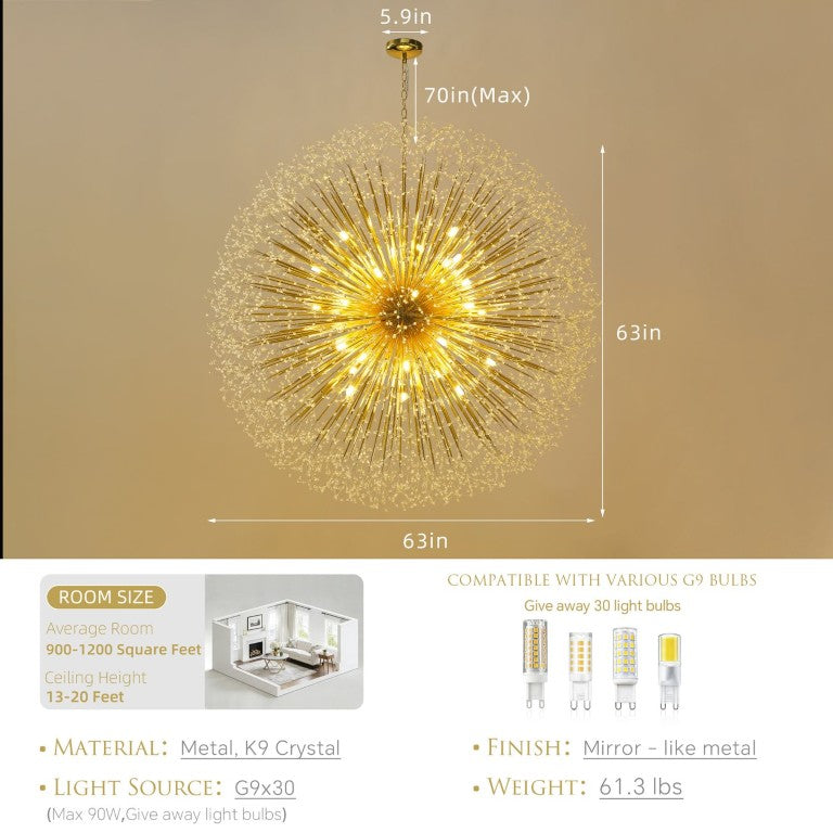 English Elm 63-Inch Sputnik Crystal Chandelier Mirror Gold Foyer Statement Fixture with 30 G9 Bulbs W2869P526922