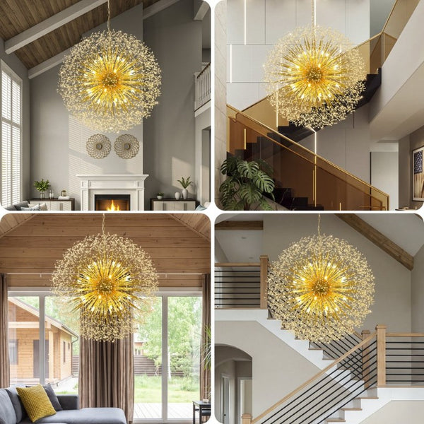 English Elm 63-Inch Sputnik Crystal Chandelier Mirror Gold Foyer Statement Fixture with 30 G9 Bulbs W2869P526922