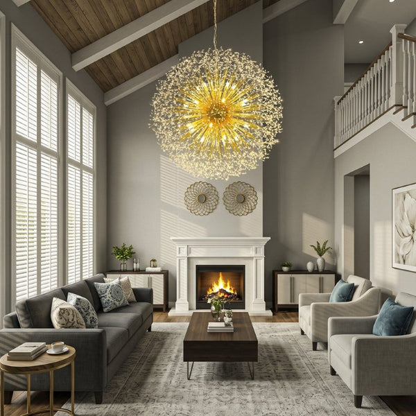English Elm 63-Inch Sputnik Crystal Chandelier Mirror Gold Foyer Statement Fixture with 30 G9 Bulbs W2869P526922