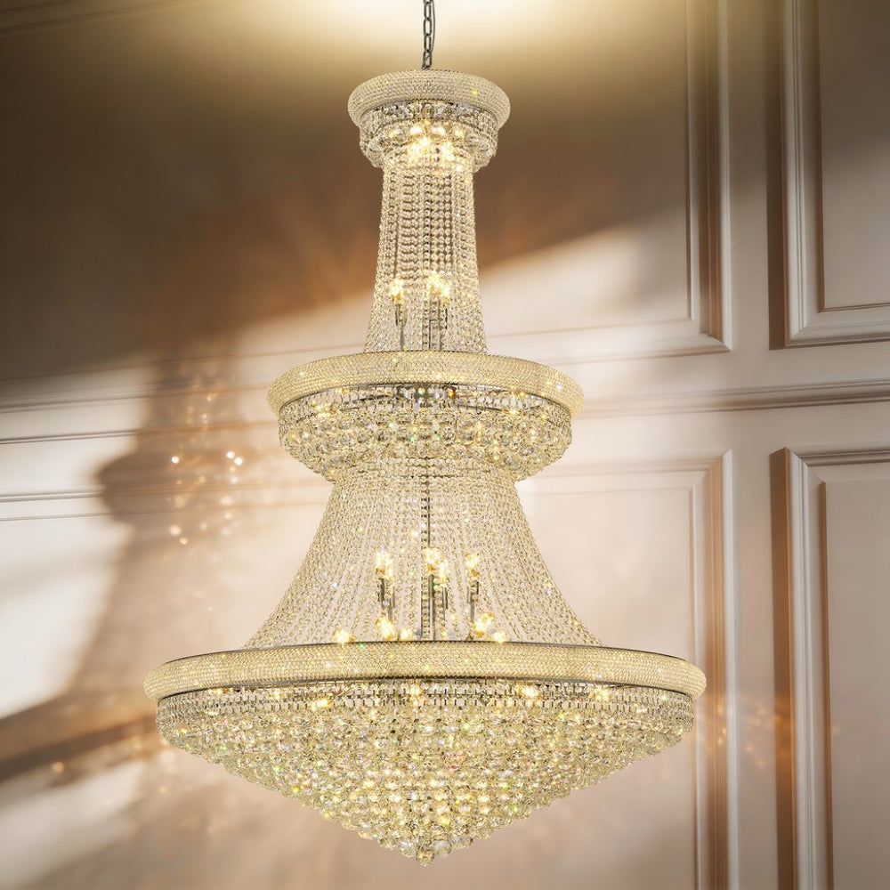 English Elm Large K9 Crystal Empire Chandelier with Chrome Finish for Grand Foyers and Dining Rooms W2869S00006