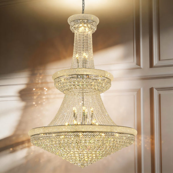 English Elm Large K9 Crystal Empire Chandelier with Chrome Finish for Grand Foyers and Dining Rooms W2869S00006