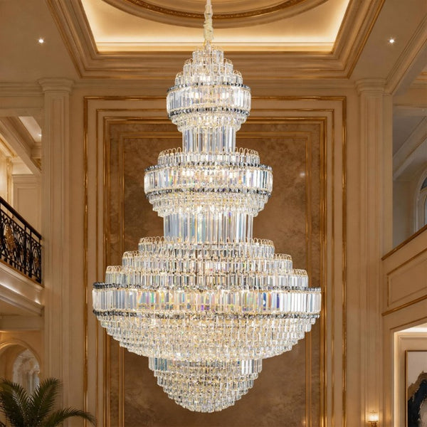English Elm Large Empire Crystal Chandelier K9 Prism Gold Tiered Foyer Fixture with 51 LED Bulbs W2869S00047