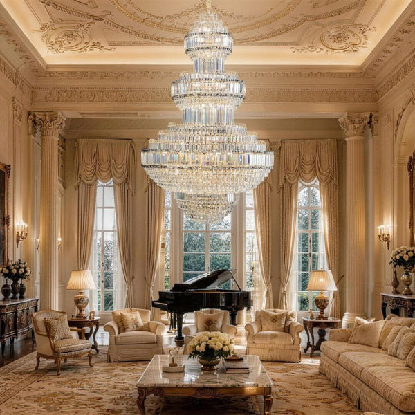 English Elm Large Empire Crystal Chandelier K9 Prism Gold Tiered Foyer Fixture with 51 LED Bulbs W2869S00047