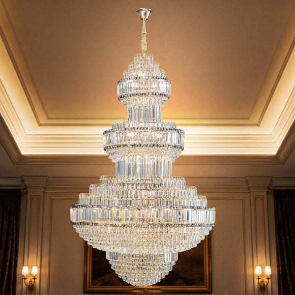 English Elm Large Empire Crystal Chandelier K9 Prism Gold Tiered Foyer Fixture with 51 LED Bulbs W2869S00047