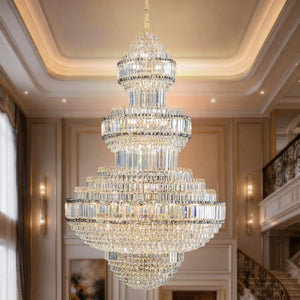 English Elm Large Empire Crystal Chandelier K9 Prism Gold Tiered Foyer Fixture with 51 LED Bulbs W2869S00047