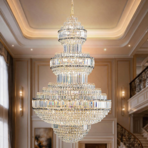 English Elm Large Empire Crystal Chandelier K9 Prism Gold Tiered Foyer Fixture with 51 LED Bulbs W2869S00047