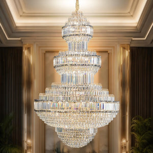 English Elm Large Empire Crystal Chandelier K9 Prism Gold Tiered Foyer Fixture with 51 LED Bulbs W2869S00047