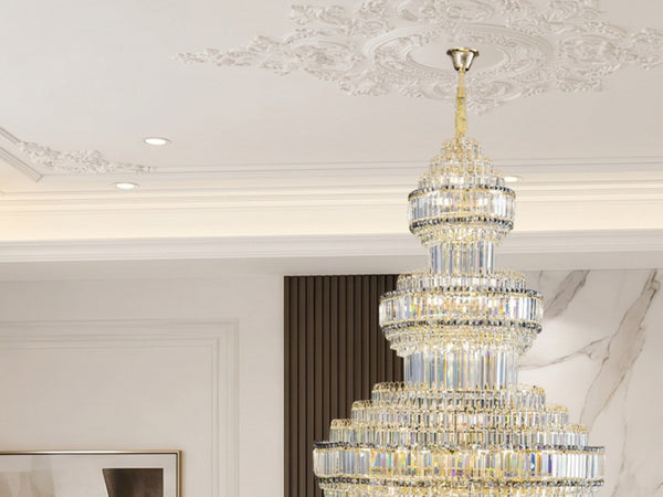 English Elm Large Empire Crystal Chandelier K9 Prism Gold Tiered Foyer Fixture with 51 LED Bulbs W2869S00047