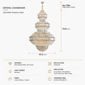 English Elm Large Empire Crystal Chandelier K9 Prism Gold Tiered Foyer Fixture with 51 LED Bulbs W2869S00047