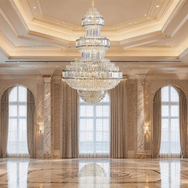English Elm Large Empire Crystal Chandelier K9 Prism Gold Tiered Foyer Fixture with 51 LED Bulbs W2869S00047
