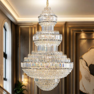 English Elm Large Empire Crystal Chandelier K9 Prism Gold Tiered Foyer Fixture with 51 LED Bulbs W2869S00047