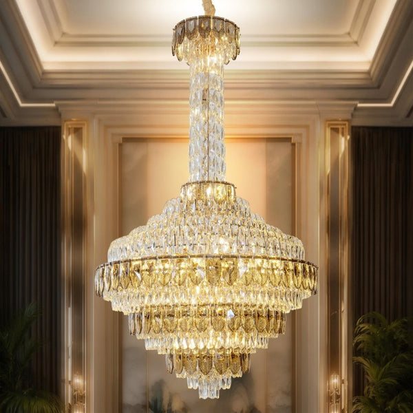 English Elm Large Gold Empire Chandelier K9 Crystal Prisms 39 Inch Foyer Fixture with Shell Accents W2869S00048