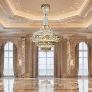 English Elm Large Gold Empire Chandelier K9 Crystal Prisms 39 Inch Foyer Fixture with Shell Accents W2869S00048