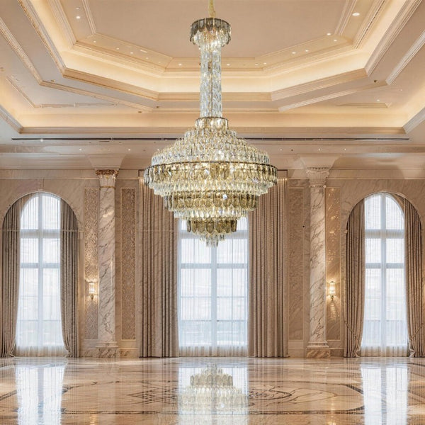 English Elm Large Gold Empire Chandelier K9 Crystal Prisms 39 Inch Foyer Fixture with Shell Accents W2869S00048