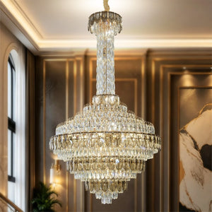 English Elm Large Gold Empire Chandelier K9 Crystal Prisms 39 Inch Foyer Fixture with Shell Accents W2869S00048