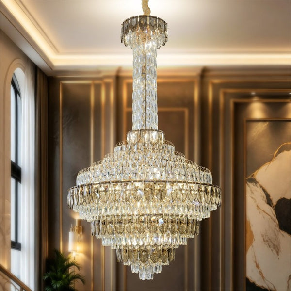 English Elm Large Gold Empire Chandelier K9 Crystal Prisms 39 Inch Foyer Fixture with Shell Accents W2869S00048