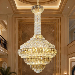 English Elm Large Gold Empire Chandelier K9 Crystal Prisms 39 Inch Foyer Fixture with Shell Accents W2869S00048