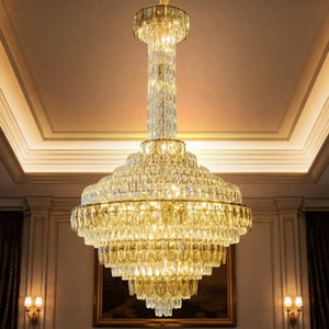 English Elm Large Gold Empire Chandelier K9 Crystal Prisms 39 Inch Foyer Fixture with Shell Accents W2869S00048