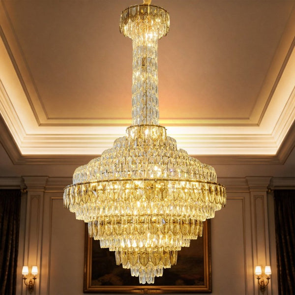 English Elm Large Gold Empire Chandelier K9 Crystal Prisms 39 Inch Foyer Fixture with Shell Accents W2869S00048