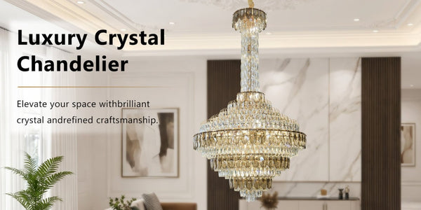 English Elm Large Gold Empire Chandelier K9 Crystal Prisms 39 Inch Foyer Fixture with Shell Accents W2869S00048