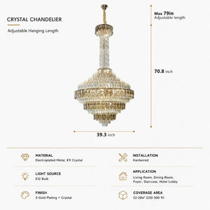 English Elm Large Gold Empire Chandelier K9 Crystal Prisms 39 Inch Foyer Fixture with Shell Accents W2869S00048