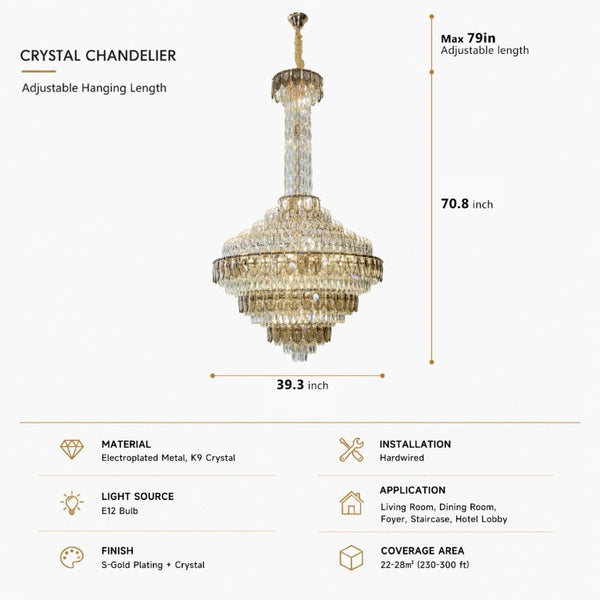 English Elm Large Gold Empire Chandelier K9 Crystal Prisms 39 Inch Foyer Fixture with Shell Accents W2869S00048