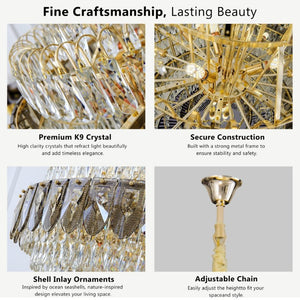 English Elm Large Gold Empire Chandelier K9 Crystal Prisms 39 Inch Foyer Fixture with Shell Accents W2869S00048