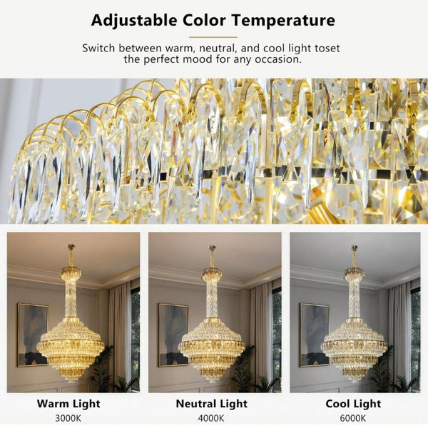 English Elm Large Gold Empire Chandelier K9 Crystal Prisms 39 Inch Foyer Fixture with Shell Accents W2869S00048