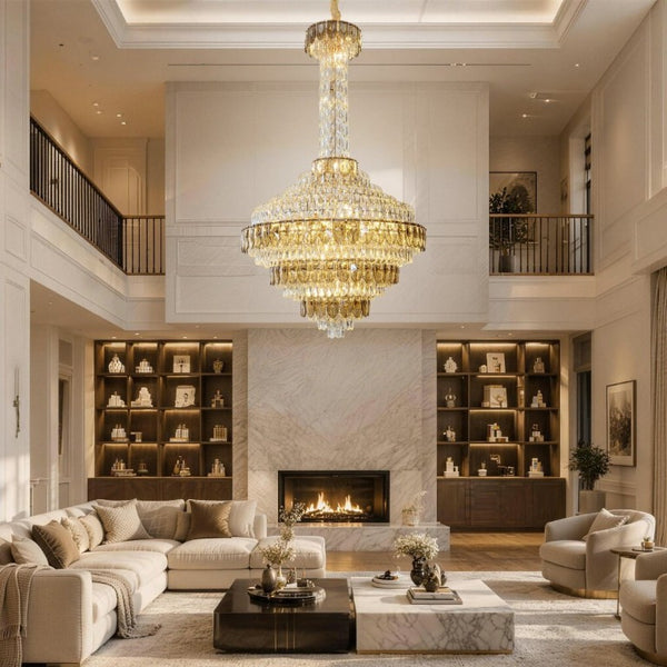 English Elm Large Gold Empire Chandelier K9 Crystal Prisms 39 Inch Foyer Fixture with Shell Accents W2869S00048