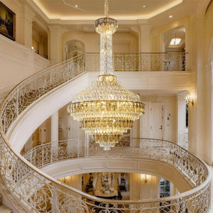 English Elm Large Gold Empire Chandelier K9 Crystal Prisms 39 Inch Foyer Fixture with Shell Accents W2869S00048